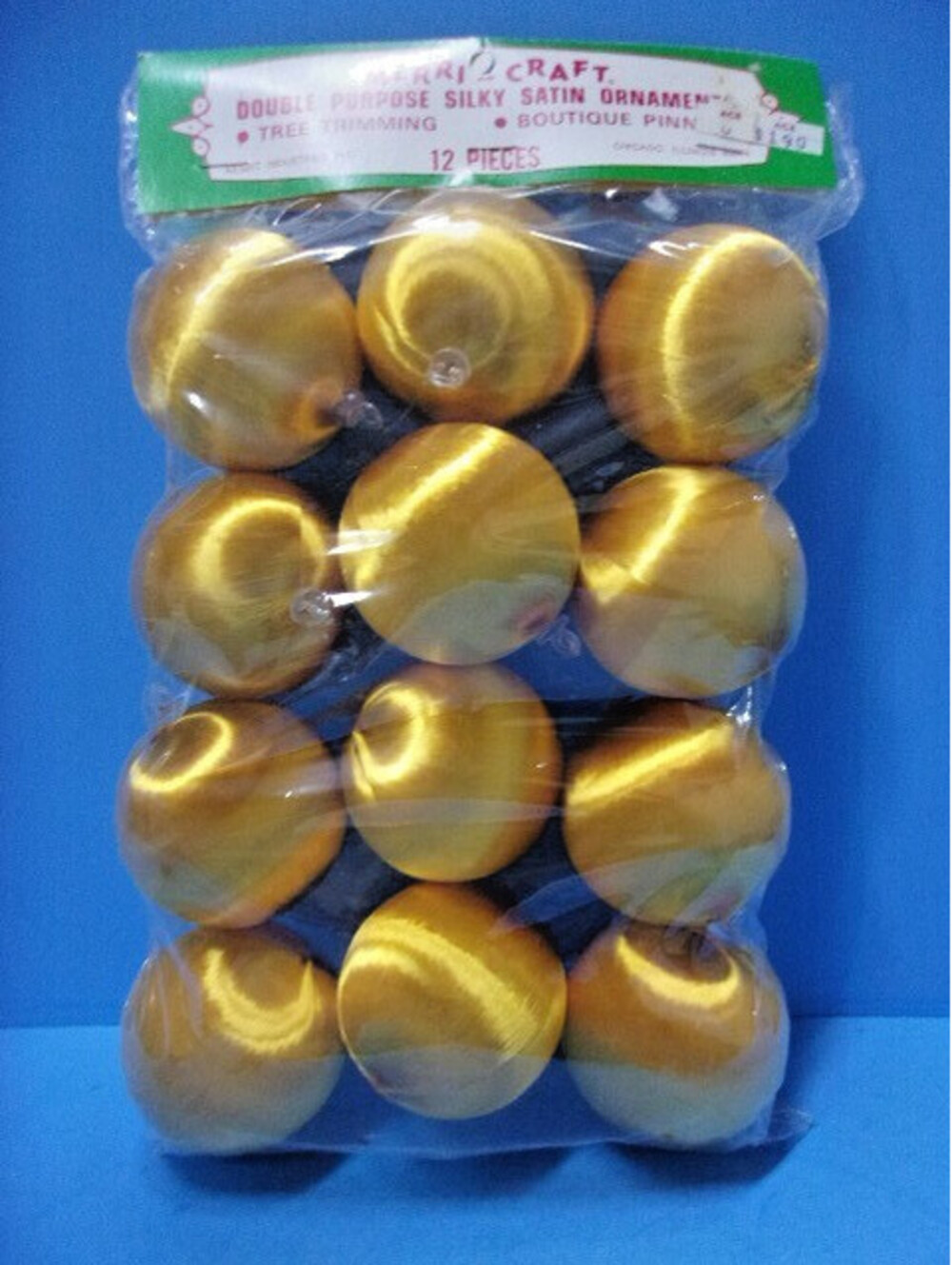 Lot of 12 Vintage Satin Christmas Ornaments Yellow Gold Merri-Craft USA New NOS